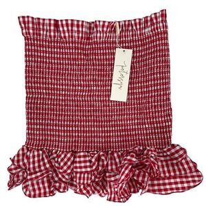 Petersyn Barrett Fitted Smocked Ruffle Mini Skirt Red White Check Linen Medium